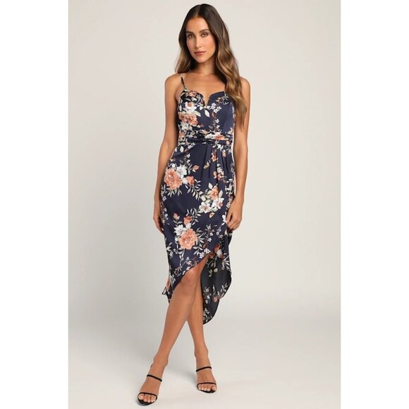 Lulus My Favorite Day Womens Navy Blue Flora Print Tulipl Wrap Midi Dress XXL - Picture 1 of 15